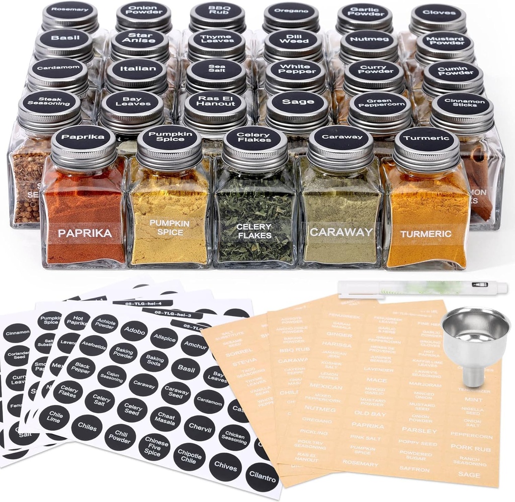 MIUKAA Unique Design Spice Jars with 372 Labels, 29-Pack 4.5 oz Personalized Cubic Clear Glass Spice Jars with Shakers, Lids, Empty Square Reusable Kitchen Storage Containers