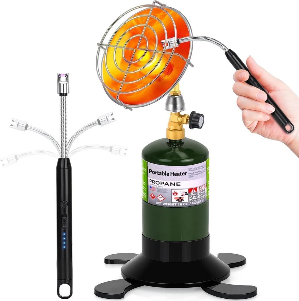 Portable Propane Heater for Camping Outdoor, Space Patio Heater with Control Valve Cordless, Windproof USB Lighter, 1lb Small Propane Foldable Gas Tank Holder