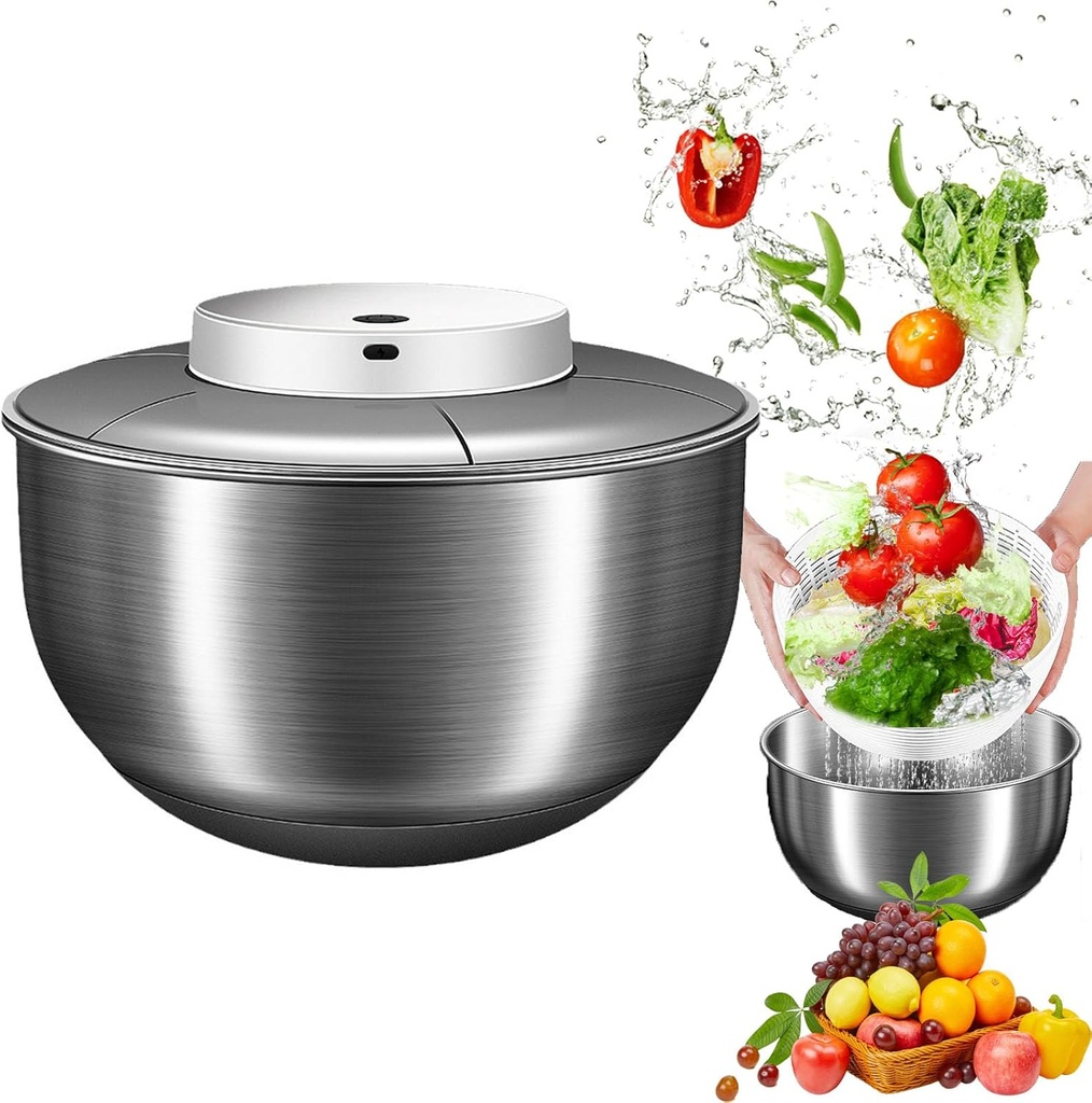 Electric Salad Spinner, 4.8L Large Capacity Lettuce Spinner Stainless Steel Salad Rotator Vegetable Dryer Fruit Washer Lettuce Cleaner Drainage Basket, USB Rechargeable Salad Dryer Food Dehydrator