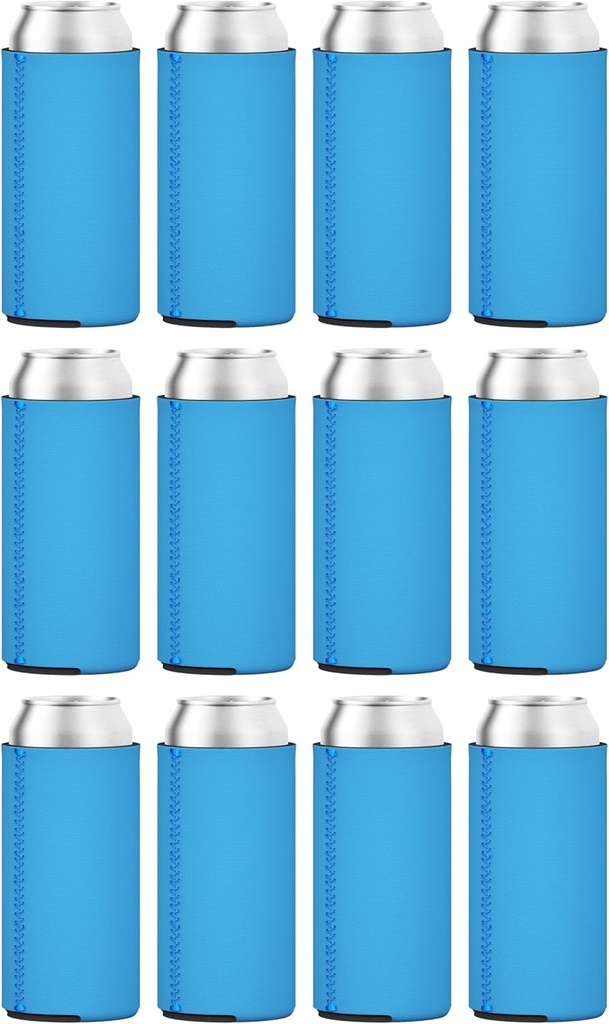 TahoeBay Slim Can Coolers (12-Pack) Blank Neoprene Beer Sleeves (Neon Blue)