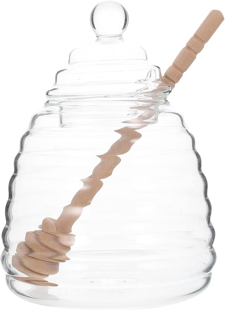 Garneck with Dipper and Lid - Clear Glass Honey Pot Container - Honey Dispenser with Wood Dipper for Home Kitchen and Charcuterie Accessories 12 Oz