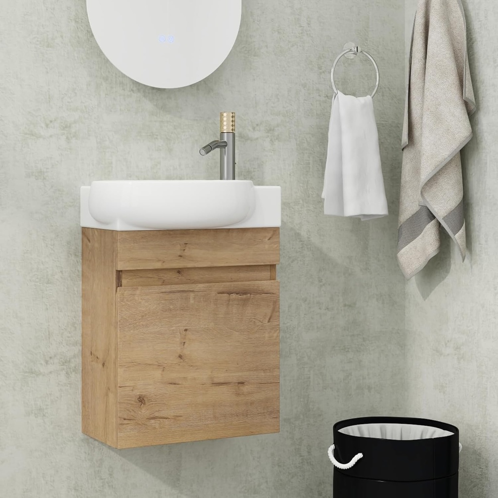 Pvillez 16 inch Bathroom Vanity with Sink, Floating Small Bathroom Vanity with Oval Ceramic Sink Basin Top & Imitative Oak Bathroom Vanity Cabinet, Wall Mounted Modern Bathroom Vanity for Small Space