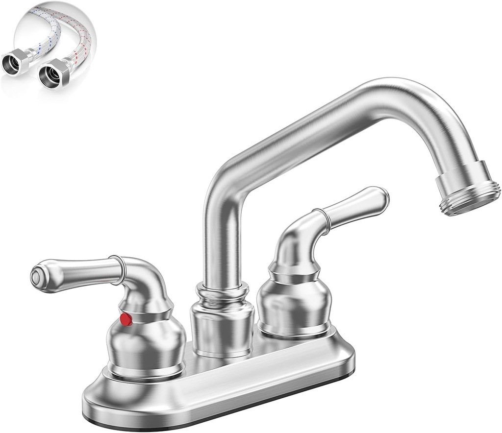 Phiestina Brushed Nickel 4 Inch Utility Sink/Laundry Faucet, 2 or 3 Hole Centerest Rotatable Swivel 360° Spout with Garden Hose Threaded End, with Water Supply Line, BF027-8-BN