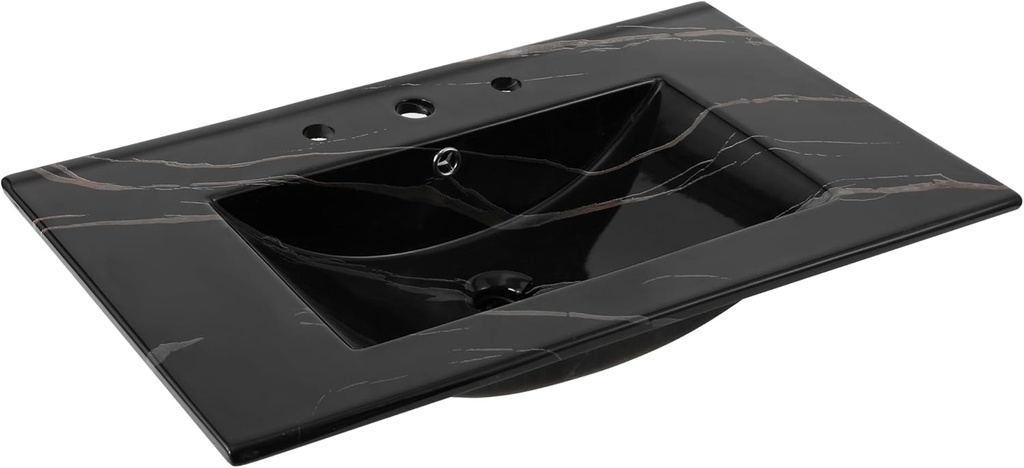 JONATHAN Y SNK1002D Ancillary 3-Hole 30 in. W x 18.25 in. D Classic Contemporary Rectangular Ceramic Single Sink Basin Vanity Top, Black Marble Effect