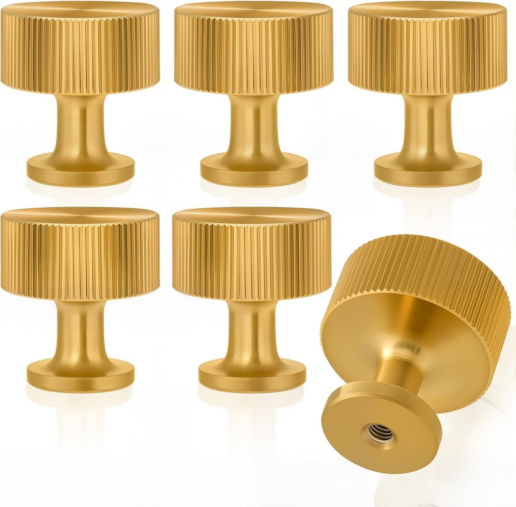 6 Pack Solid Brass Cabinet Knobs, 26mmx26mm Brushed Round Gold Handles - Modern Drawer Pulls for Kitchen Cabinets, Closet Doors, Dressers