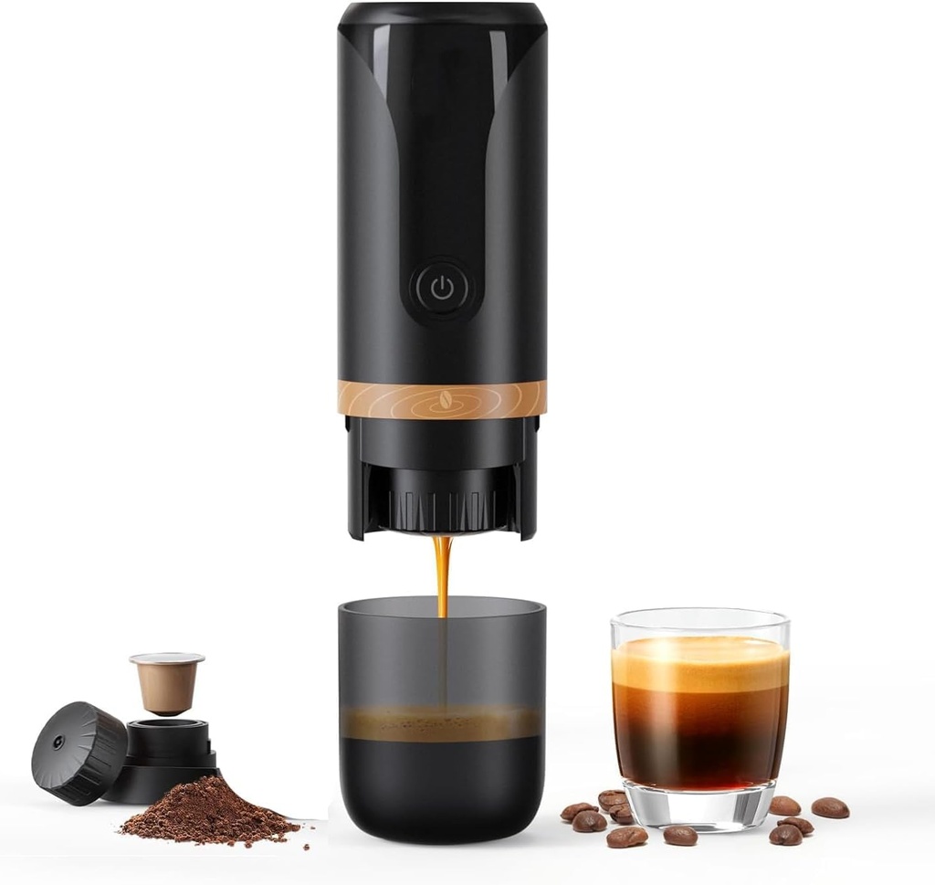 BRBHOM Portable Electric Espresso Coffee Maker Electric Coffee Machine Compatible with NS Capsules and Coffee grounds for Camping, Travel, Home【Self-Heating version】