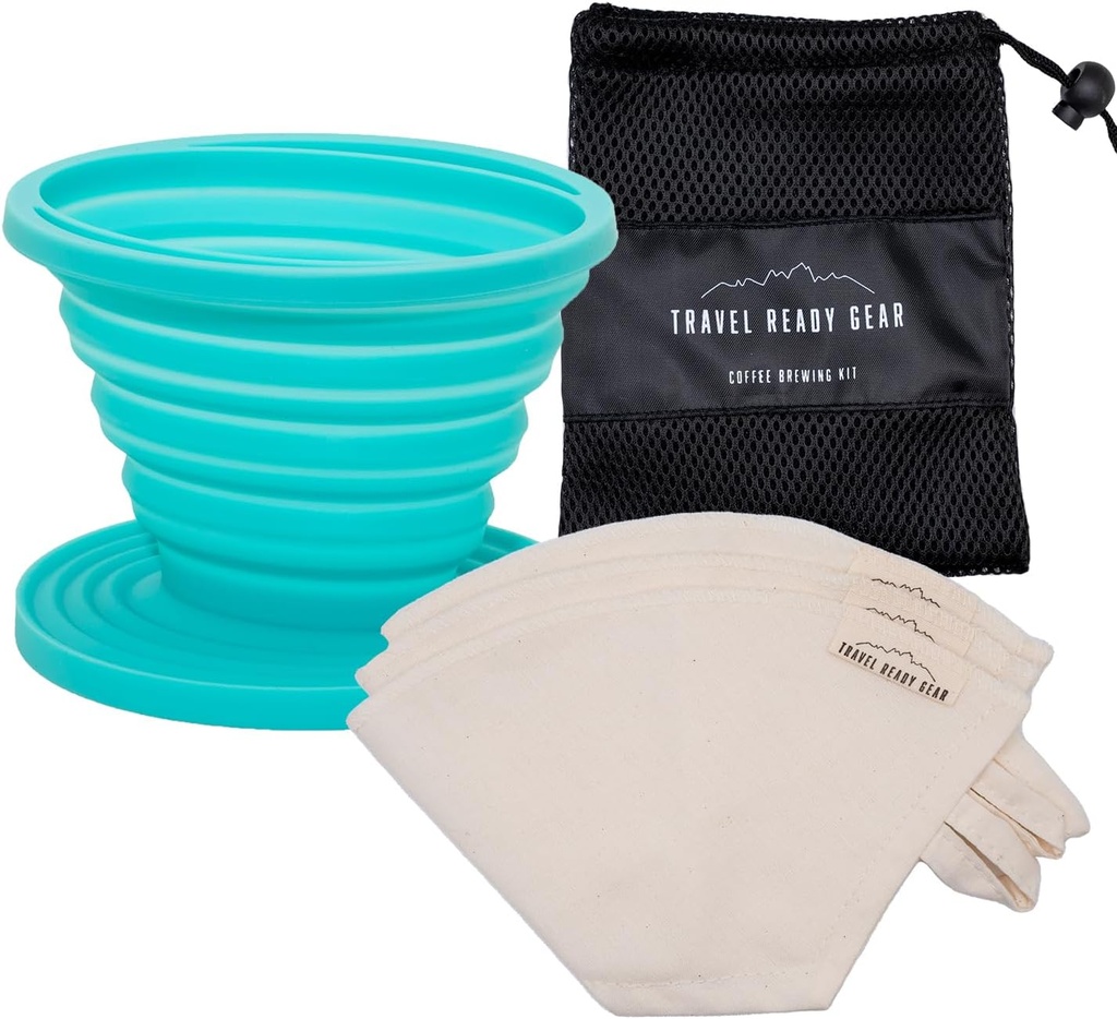 Pour Over Coffee Kit (Teal) Collapsible Pour Over Coffee Dripper and Set Of 3 Reusable Cotton Coffee Filters Perfect For Travel And Camping - Travel Ready Gear