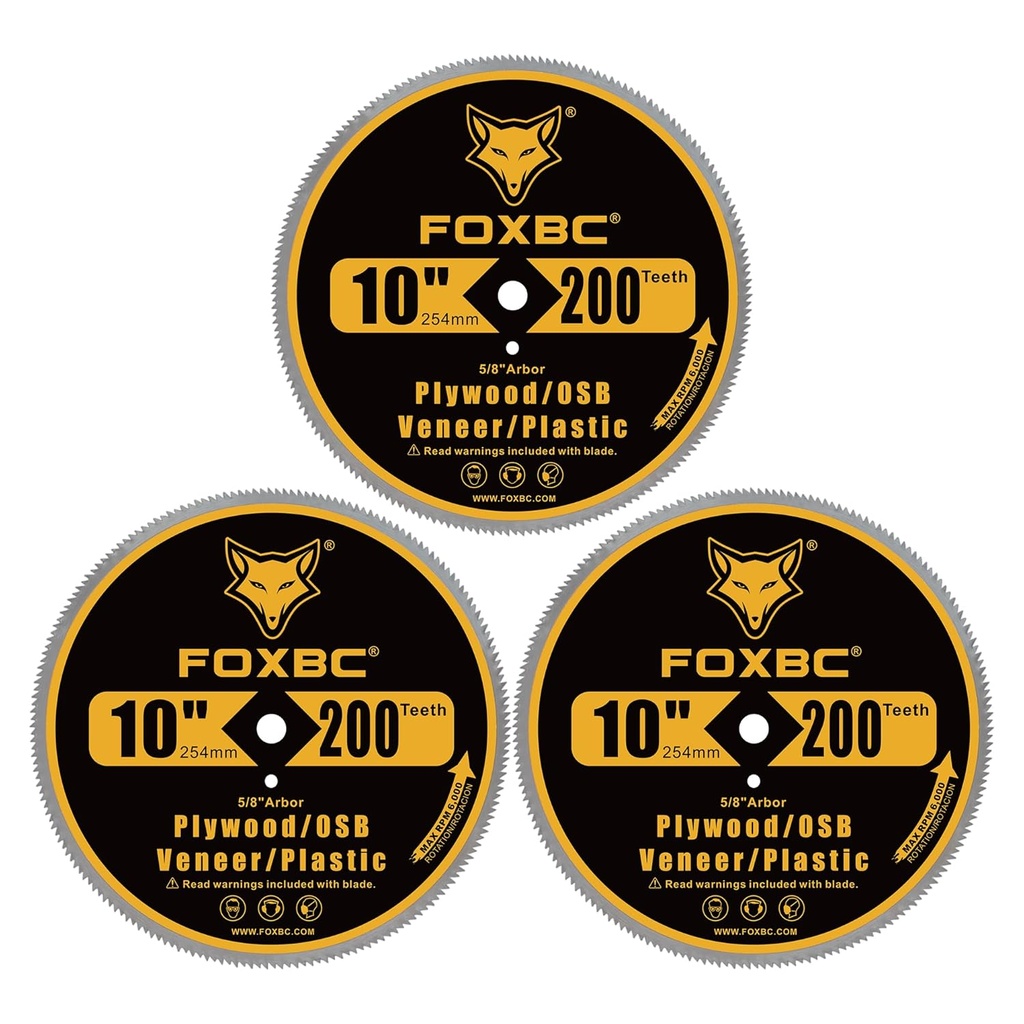FOXBC 10 inch 200-Tooth Contractor Saw Blade for Plastic, Vinyl Siding, Plywood, OSB, Veneer with 5/8" Arbor - 3 Pack