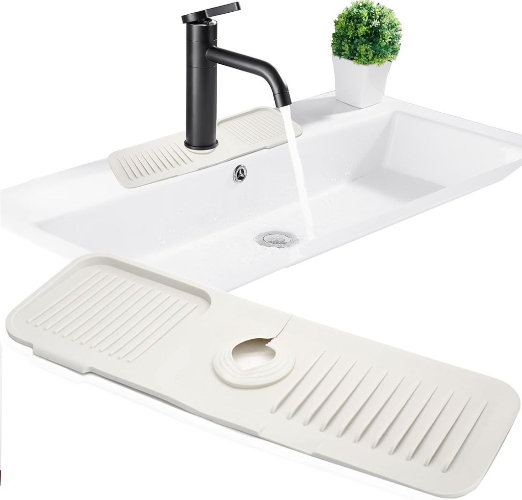 17.5inch Kitchen Sink Splash Guard, Silicone Faucet Handle Drip Catcher Tray Mat for Kitchen Sink Accessories Gadgets, Drying Mat for Kitchen Counter Bathroom (White)