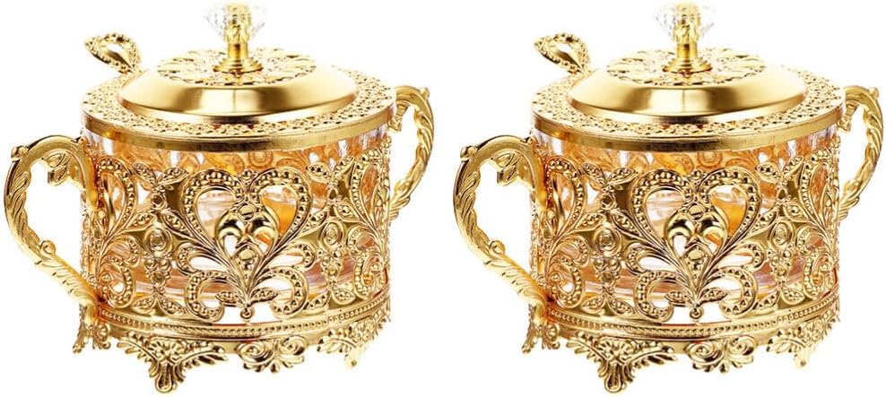 Cabilock 2pcs Sugar Bowl Seasoning Box Seasoning Jars Sugar Bowls with Lid Food Jar Jars Spoon for Sugar Storage Jars for Kitchen Sugar Jar with Lid and Spoon Spice Golden Iron