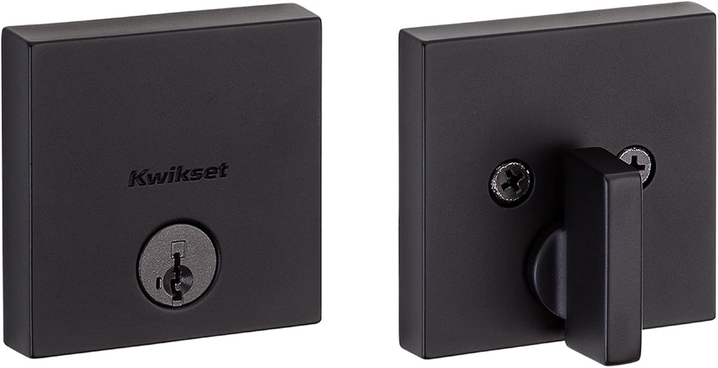 Kwikset Downtown Deadbolt Lock, Matte Black Square Exterior Keyed Front Entry Door, Pick Resistant SmartKey Rekey Security, Single Cylinder Dead Bolt, with Microban Protection