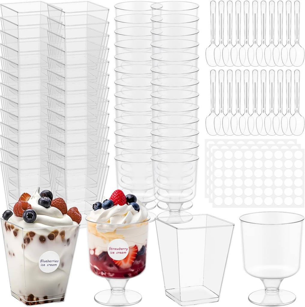 300Pack Dessert Cups with Spoons Bulk, 5OZ Clear Plastic Parfait Cups Dessert Bowls with 162Pcs Marker Stickers Fruit Appetizer Ice Cream Pudding Cup Bowl for Wedding Birthday Banquet Party