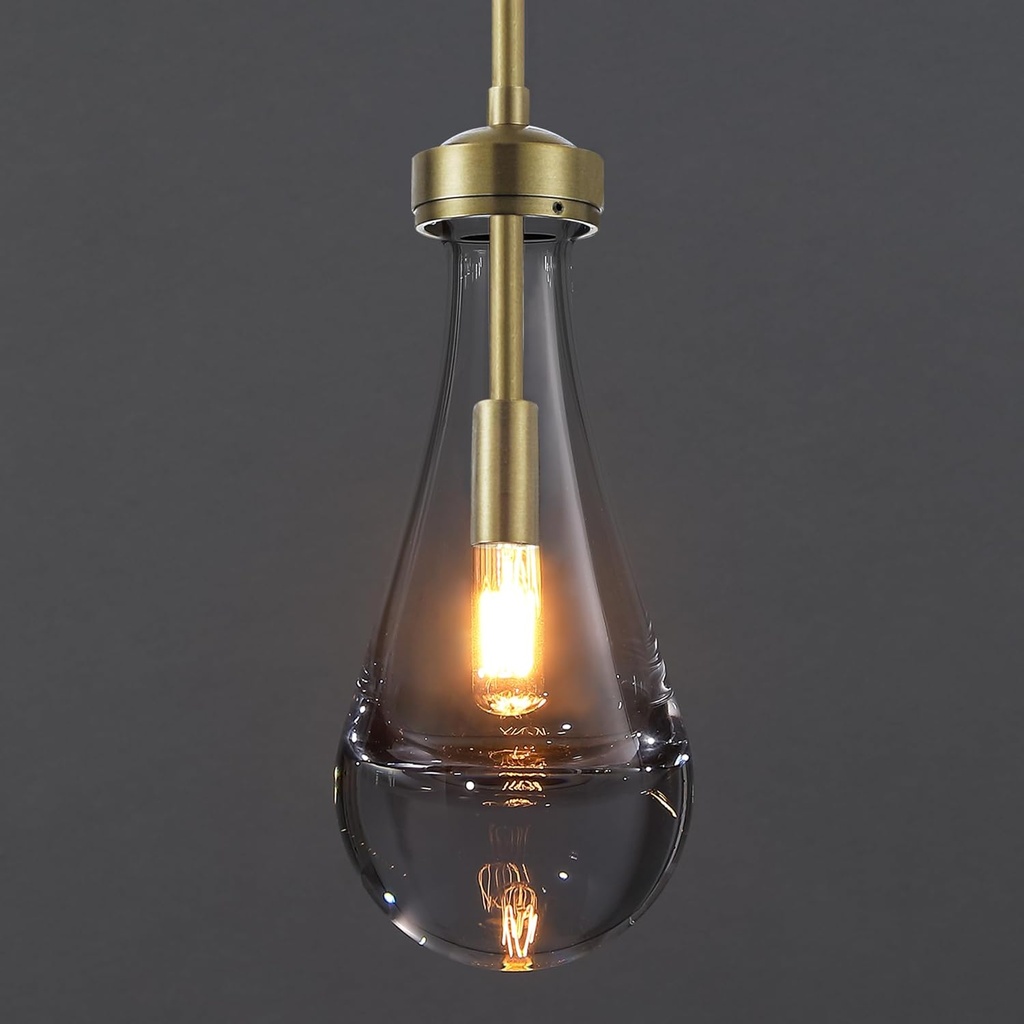 Untrammelife Raindrop Pendant Light, Brass Gold Hand-Blown Clear Solid Glass Hanging Pendant Lights Fixture, Adjustable Metal Rod Modern Chandelier for Kitchen Island Sink Bathroom,Bulb Included