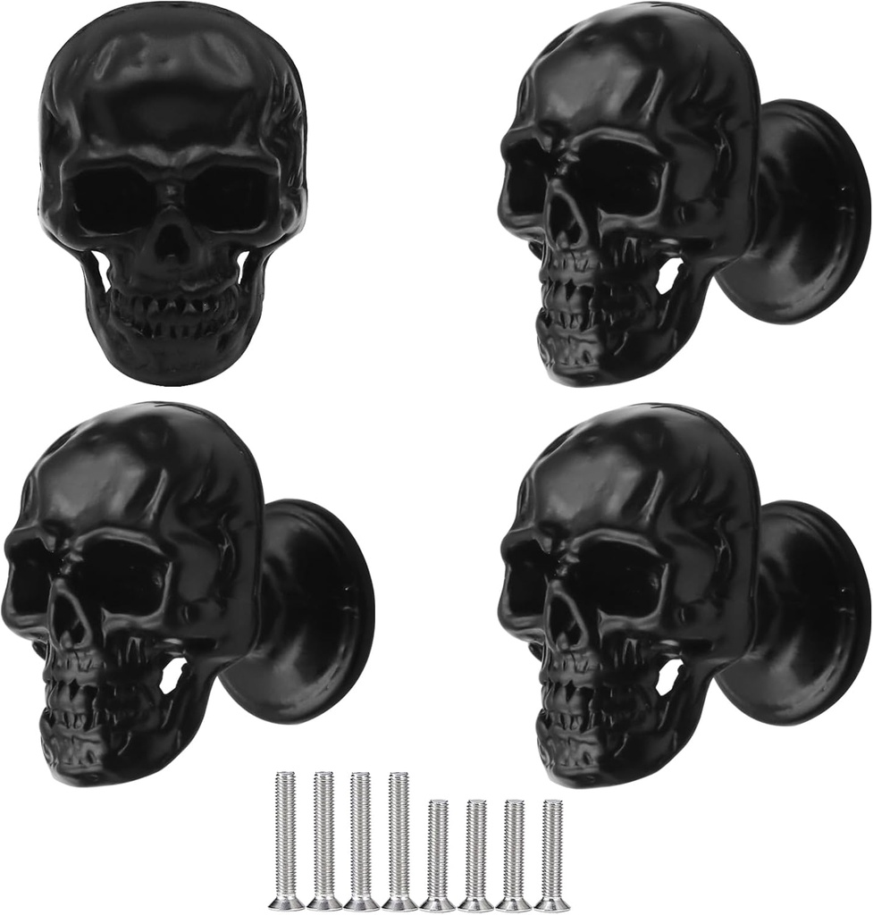 4 pcs Creative Skull Knobs Pull Handle Cabinet Door Furniture Dresser Kitchen Wardrobe Single Hole Pulls Handles (Black)