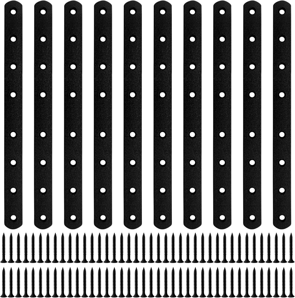 10PCS 9.72” x 0.75” Black Straight Flat Brace, Stainless Steel Sturdy Bracket, Metal Strap for Wood Furniture Chair with 80PCS Screws