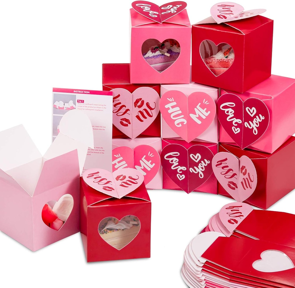 Whaline 24Pcs Valentine's Day Treat Boxes Red Pink Heart Cardboard Box with Window 3 Inch Mini Cupcake Box Valentines Gift Container for Goodie Cookie Candy Sweet Crafts Party Favor Supplies