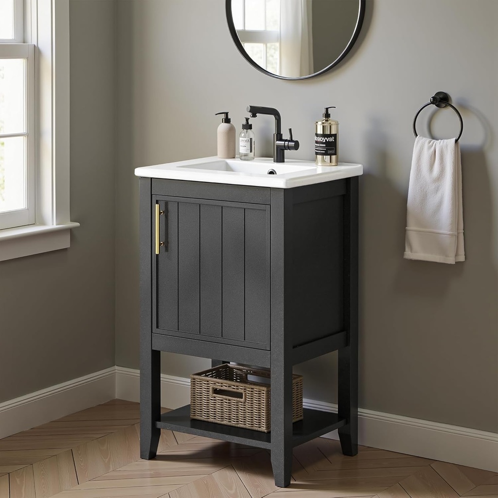 Bathroom Vanity with Sink Cabinet 20 Inch Small Bathroom Vanities Bath Vanity with Solid Wood & MDF Material Sink, Modern Free Standing Storage Cabinet, Open Shelf, Black