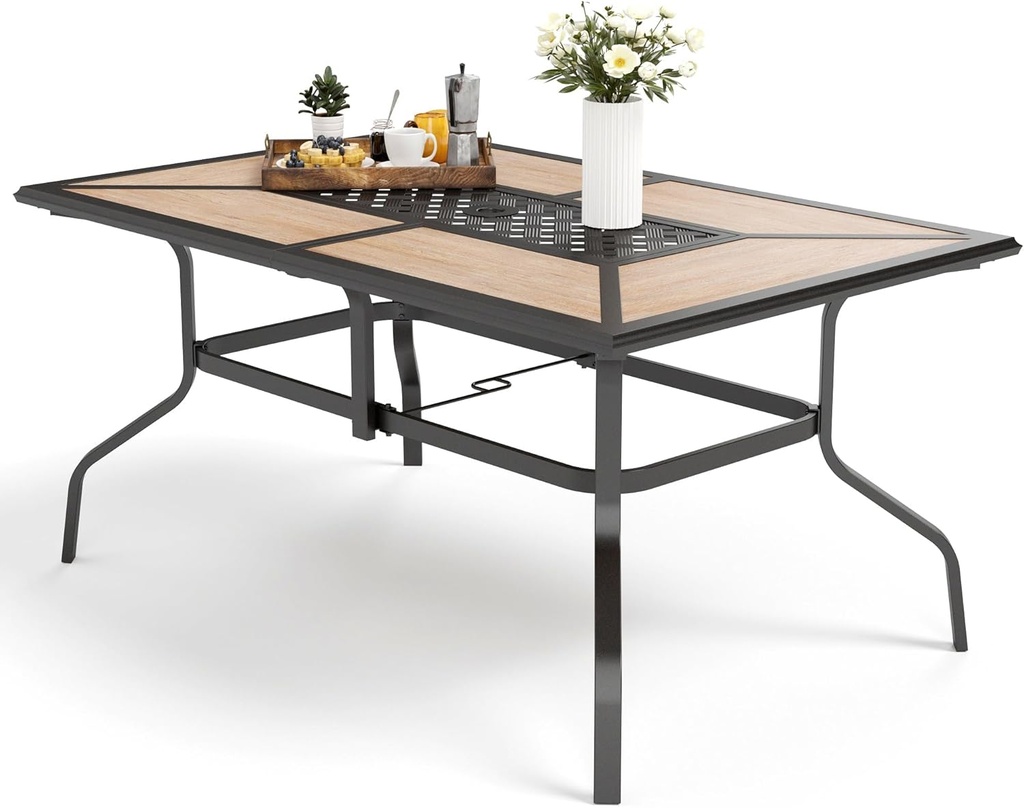 MFSTUDIO Outdoor Patio Dining Table for 6, Rectangular Patio Furniture Table with Metal Frame and Immitation Top, Adjustable Umbrella Hole