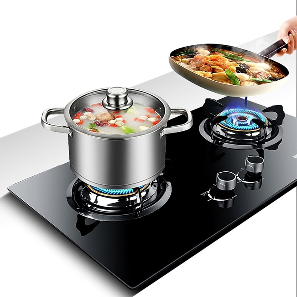 Gas Stove 2 Burners, 4.8KW Energy Concentrated Fire, Black Tempered Glass Cast Iron Pot Holder, with Flameout Protection, Suitable for Home Kitchen(NG)