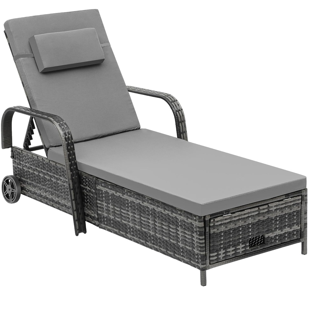 YITAHOME Outdoor Wicker Chaise Lounge Chair w/Storage, Rattan Patio Pool Lounger with Adjustable Backrest, Arm, Cushion, Pillow and Wheel for Poolside Backyard Garden Porch Beach