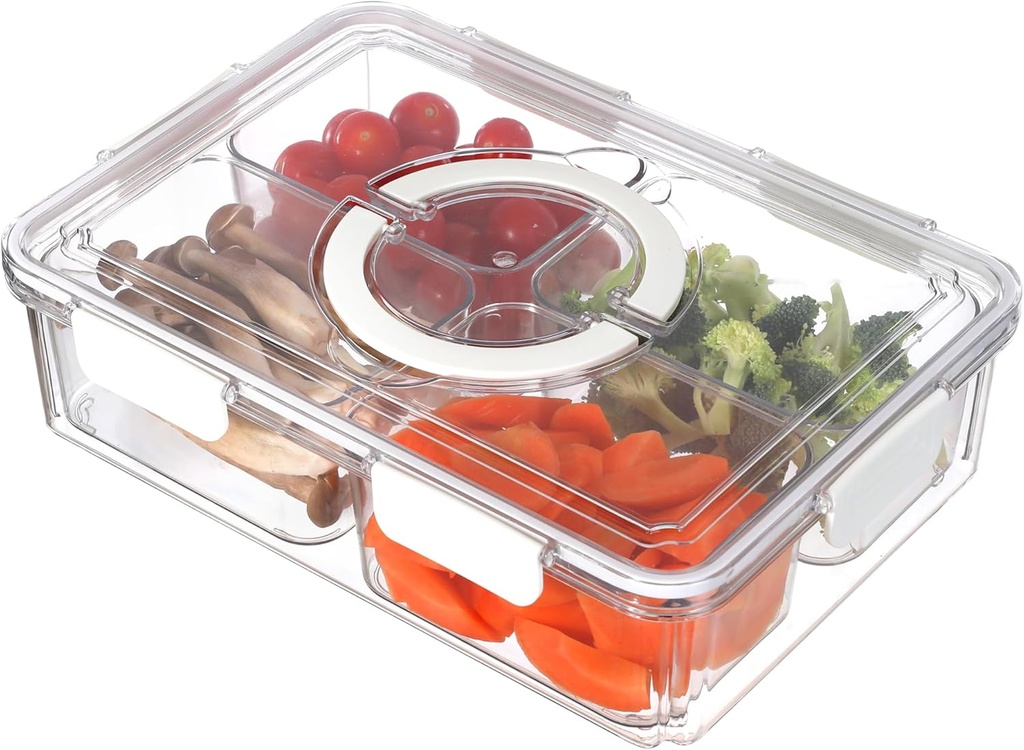 Taiuloo Divided Serving Tray with Airtight Lid and Handle, 4 Compartment Snackle Box Container, Portable Snack Platters, Clear Fridge Organizer & Food Storage for Veggie, Fruit, Charcuterie, Nuts