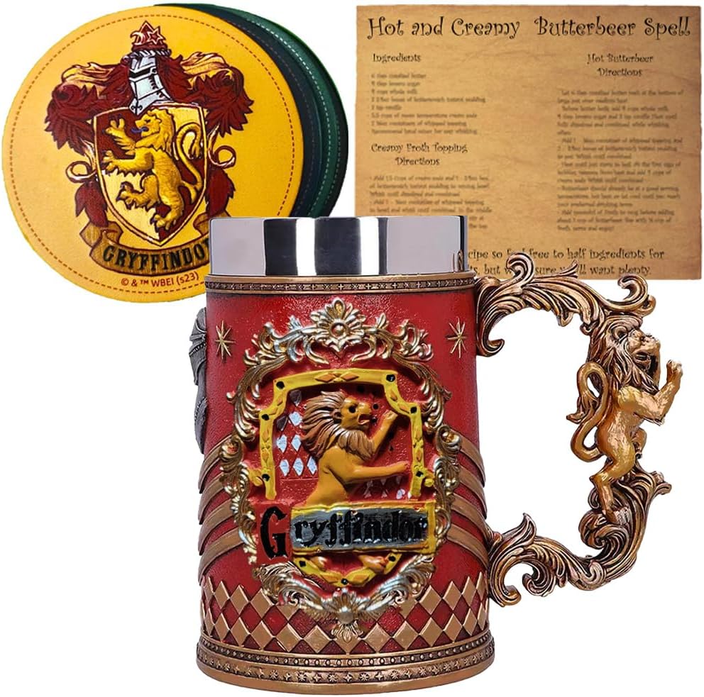 Butterbeer Bundle Includes – 1 HP Gryffindor Decorative Goblet – Wizard School House Coaster Set of 4 – 1 Ultimate Butterbeer Recipe