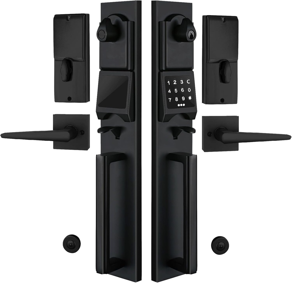 NEWBANG Smart Entry Lock Set with Keypad & Key Cylinder, Heavy-Duty Matte Black Handleset & Matching Dummy Lock for Double Doors，MDHST2016DB-E-SET-DOUBLE