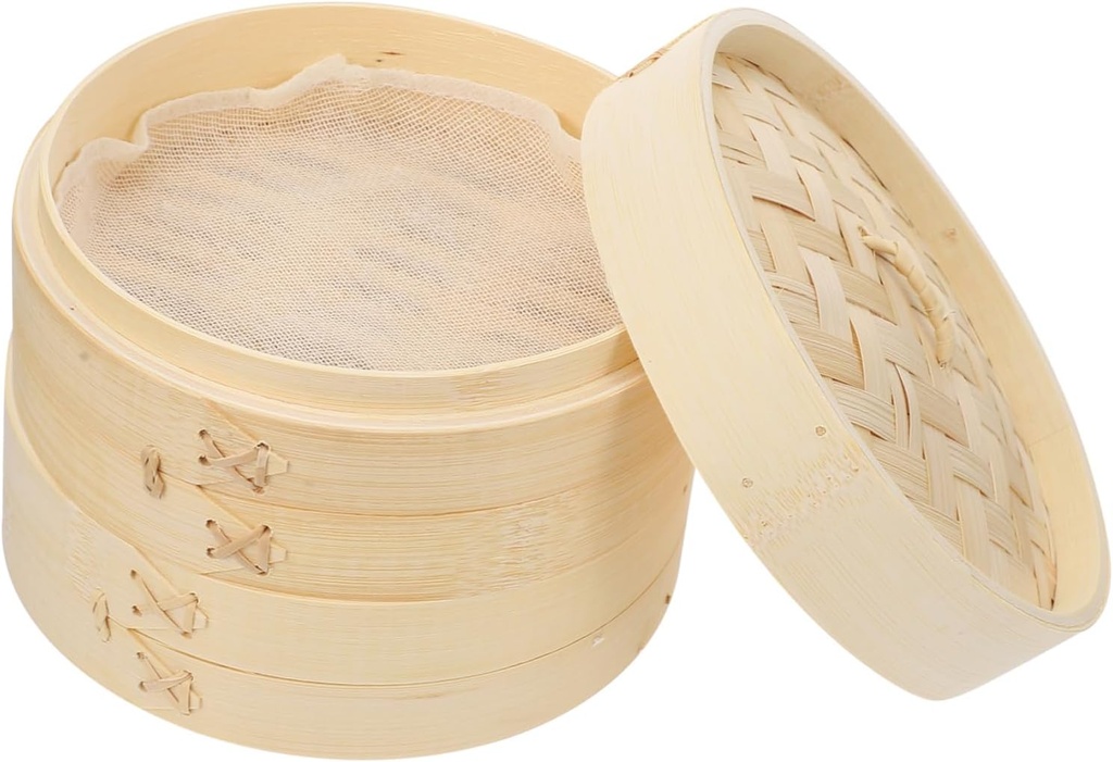 Garneck 3pcs Bamboo Steamer Lid and Cloth for Dim Sum Dumplings Vegetables Handmade Food Steamer Multi-functional Kitchen Cooking Tool