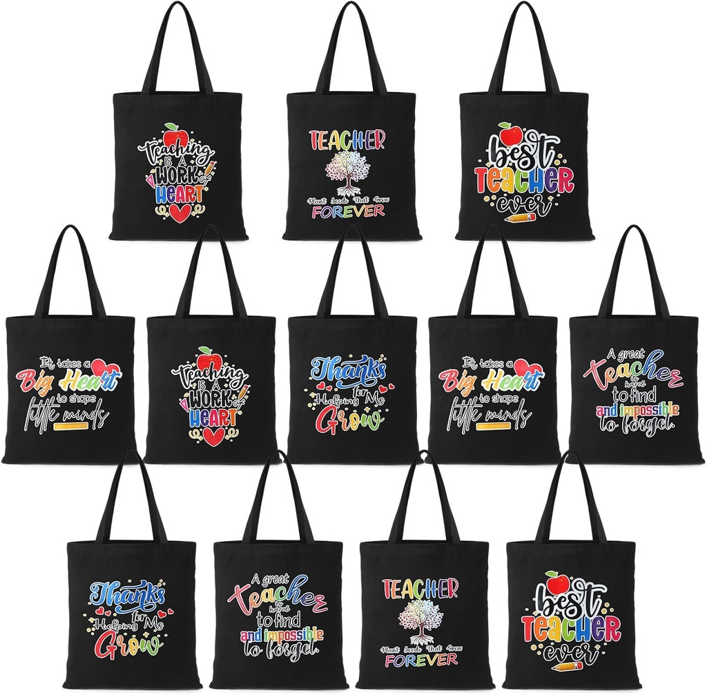 Kigeli 12 Pcs Teacher Appreciation Tote Bags Bulk Teacher Canvas Tote Bags Graduation Appreciation Week Gifts(Black)