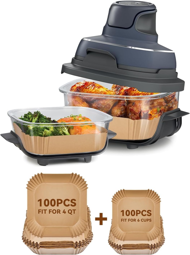 200PCs Air Fryer Paper Liners for Ninja Crispi FN101GY/FN101SG/FN101ST,100pcs Large for 4-QT & 100pcs Small for 6-Cups Container,Non-Stick Glass Air Fryer Disposable Accessories Square Free of Bleach