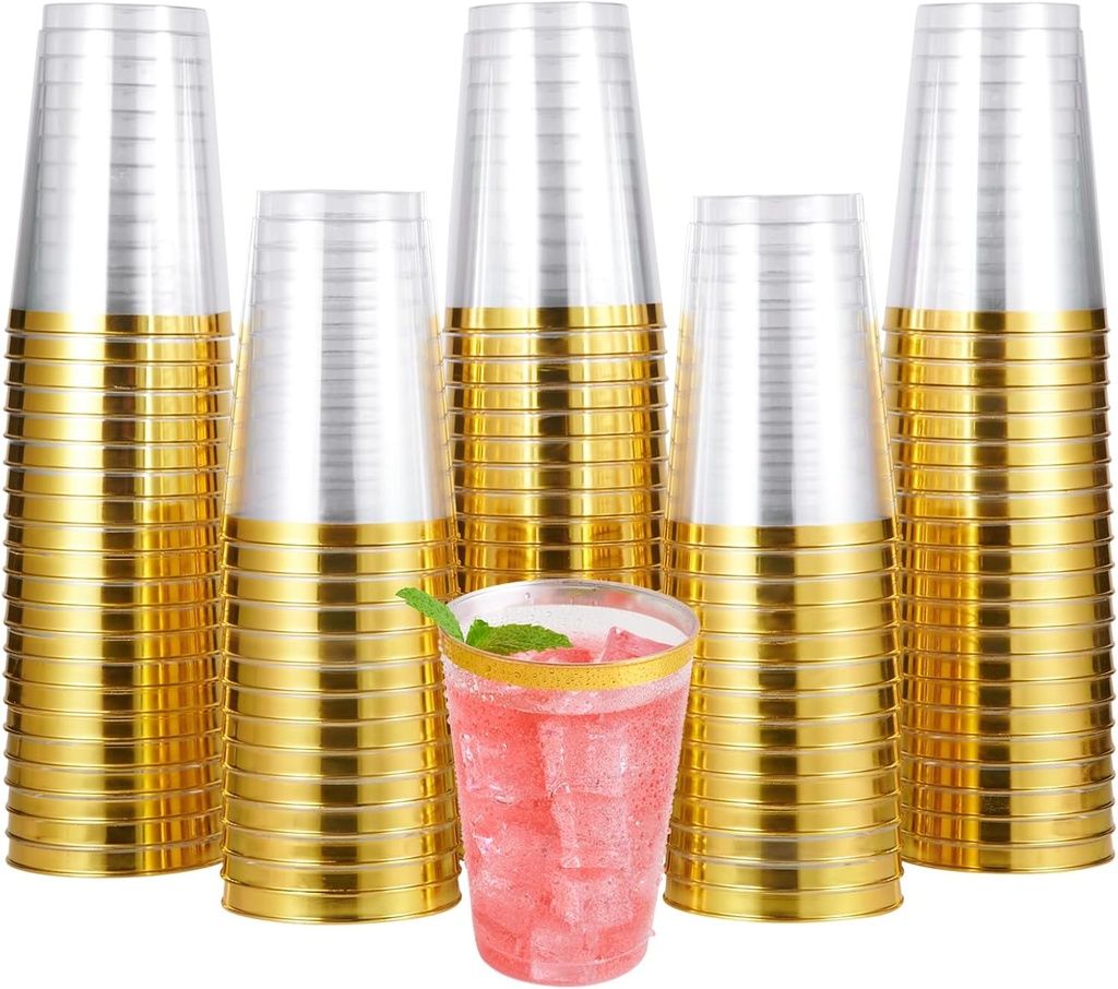 JOLLY CHEF 100 Pack Gold Plastic Disposable Cups, 12 oz Clear Plastic Cups Tumblers, Elegant Gold Rimmed Disposable Glasses for Wedding, Thanksgiving Day, Christmas
