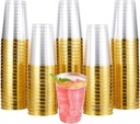 JOLLY CHEF 100 Pack Gold Plastic Disposable Cups, 12 oz Clear Plastic Cups Tumblers, Elegant Gold Rimmed Disposable Glasses for Wedding, Thanksgiving Day, Christmas