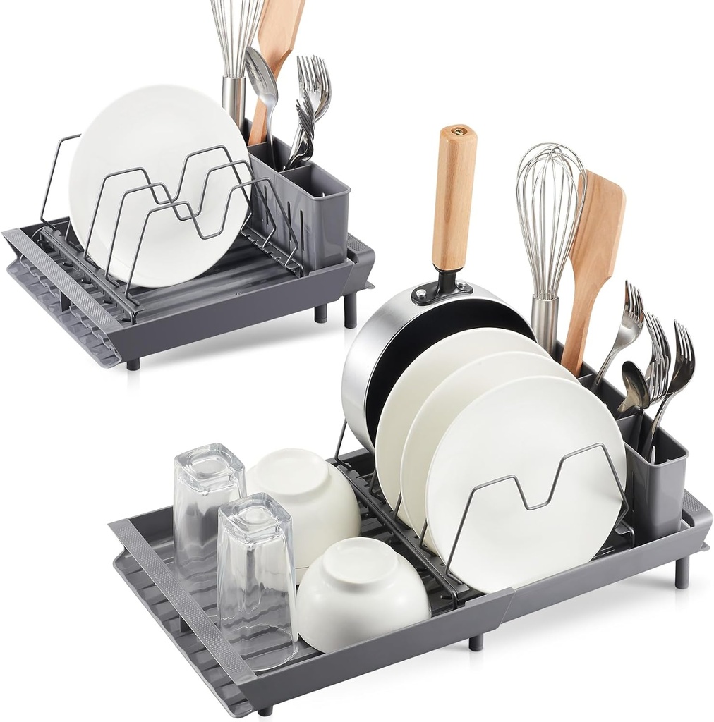 Small Expandable Dish Drying Rack, Adjustable Dish Drainer for Kitchen Counter or in Sink, Stainless Steel Drying Dish Rack, Compact Dish Rack with 3 Slots Utensil Holder,Gray