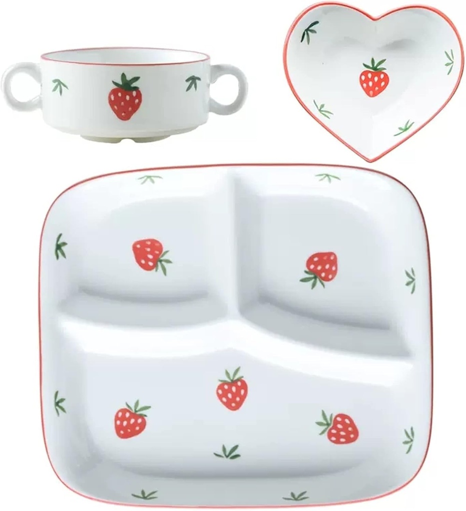 Weight Management Tableware - 3 Piece Ceramics Dinnerware for Adults, Strawberry Pattern Plate and Bowl Set, Micro-wave and Dishwasher Safe, Great Gift for Birthday