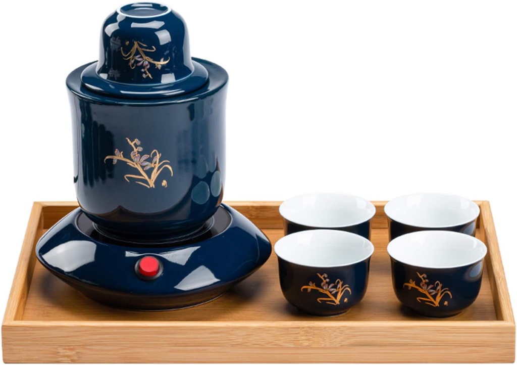 Sake Set, Saki Cups，Crafts Cup Ceramic Sake Set， Sake Set with Cup warmer and Tray, Traditional Hot Saka Set 9-Piece Including 1Pc Warming Mug, 1Pc Sake Pot, 5Pcs Sake Cups,Plum (Color : Plum) (Color