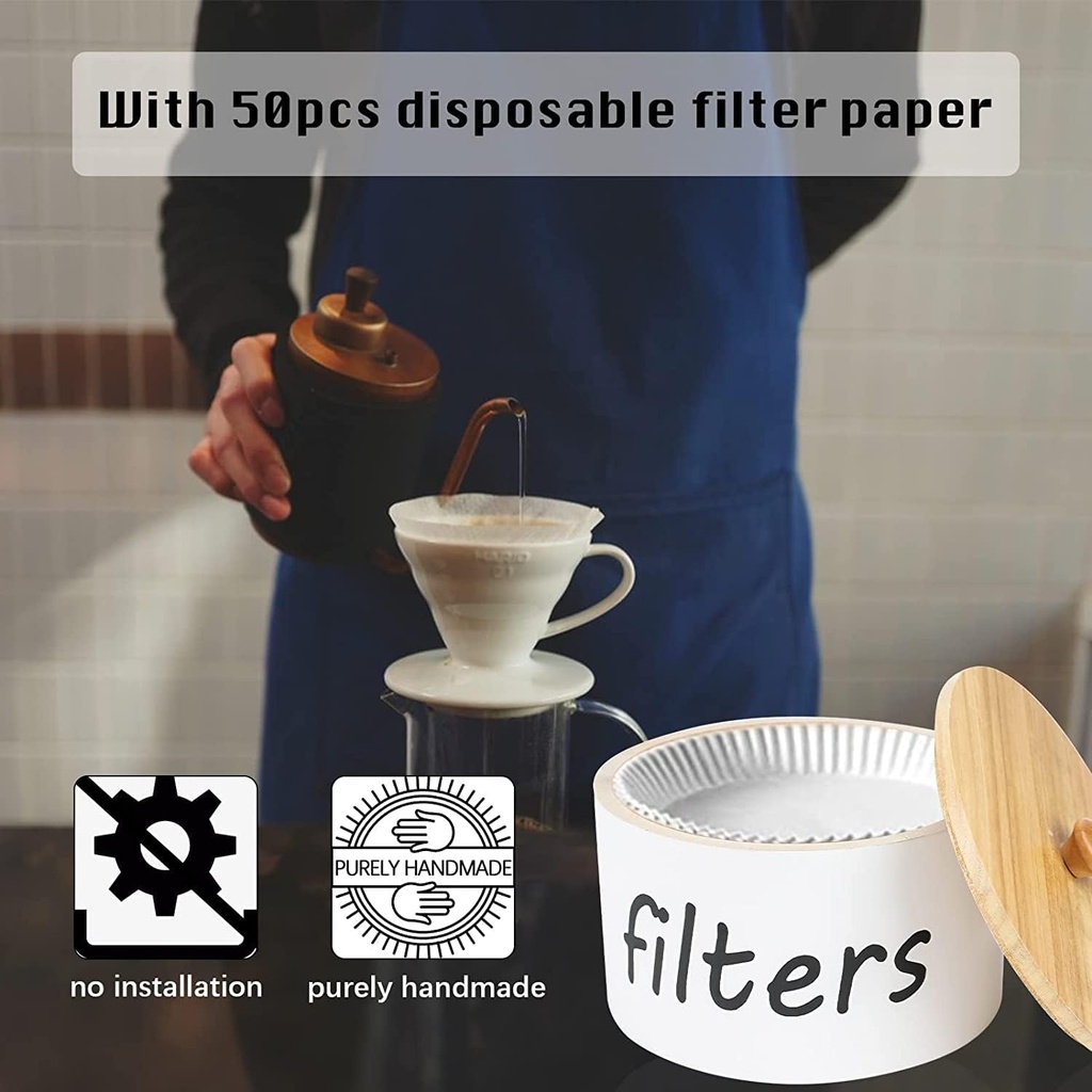 Coffee Filter Holder, Paulownia Wood Coffee Filter Storage Container with 50pcs Coffee Filter Paper, White Coffee Filter Holders for Storing Various Filter Papers Tea Bags Coffee Beans