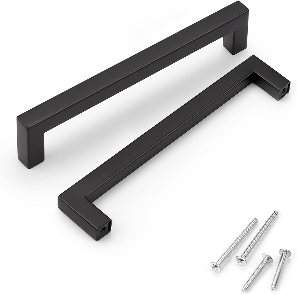 KNOBWELL 6 Pack Cabinet Handles Matte Black, Euro Style Stainless Steel T Bar Kitchen Cabinet Handles - 6-3/10" Hole Centers, 6-7/10" Overall Length