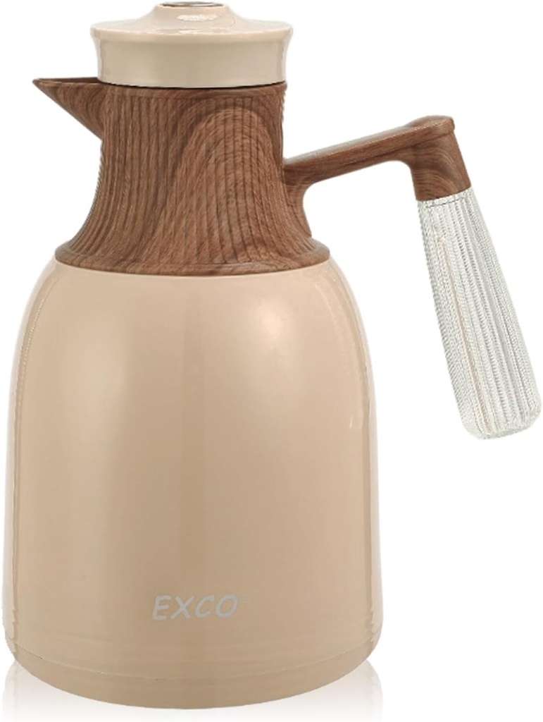 EXCO 1.0L/34Oz Premium Thermal Coffee Carafe, Glass Lined Insulated Carafes for Keeping Hot, Elegant Coffee Tea Pot Vacuum Termos, Drink Beverage Dispensers, 12H Heat 24H Cold (Kahki+Wood Color)