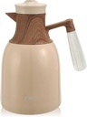 EXCO 1.0L/34Oz Premium Thermal Coffee Carafe, Glass Lined Insulated Carafes for Keeping Hot, Elegant Coffee Tea Pot Vacuum Termos, Drink Beverage Dispensers, 12H Heat 24H Cold (Kahki+Wood Color)