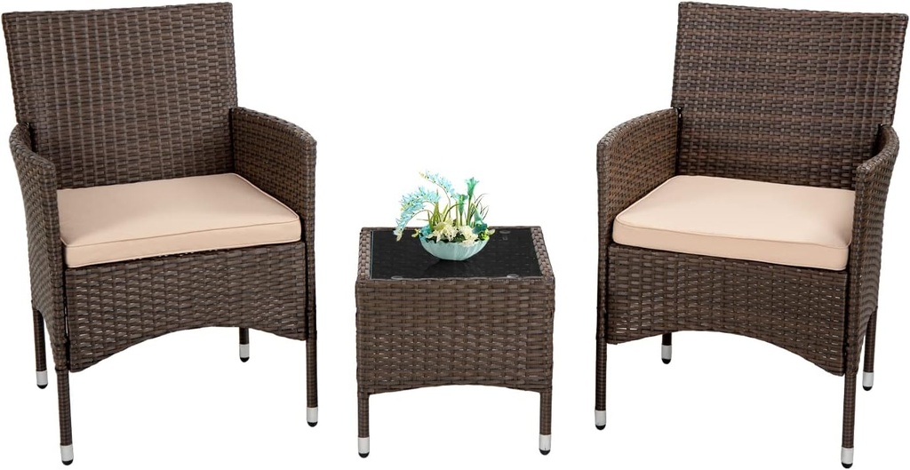 Outdoor Patio Furniture Set，3 Pieces Wicker Bistro Set Outdoor Patio Set Rattan Chair Conversation Sets Patio Sofa Wicker Table Set for Yard Backyard Lawn Porch Poolside Balcony (Khaki)