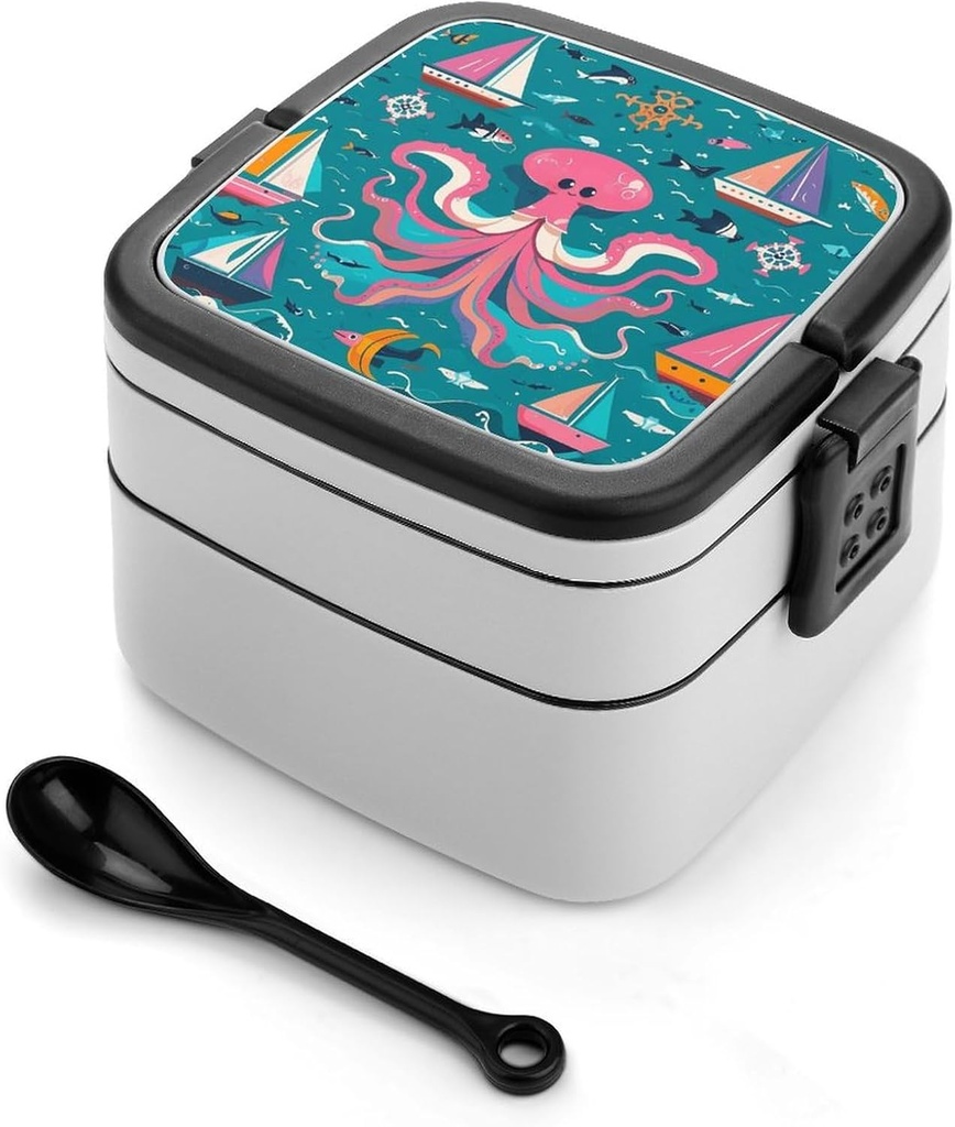 Marine Creatures for Navigation Bento Box Leak-Proof Double Layered Lunch Containers with Spoons And Invisible Handle, Portable Lunch Boxes for Work Picnic Travel