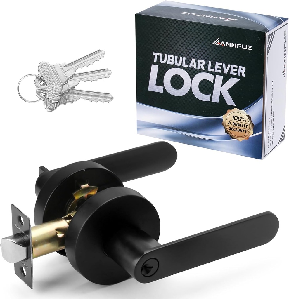 Door Lever Heavy Duty Door Handle, Round Door Lock Interior Bathroom Bedroom Door Handle, Reversible for Left Right Sided Door, Perfect for Rooms (Entry,1Pack, Matte Black)