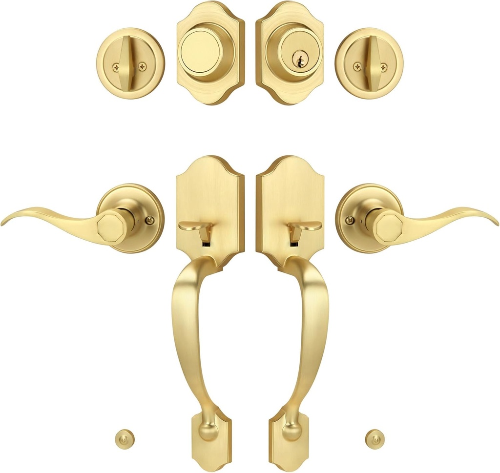 Double Front Door Handle Set with Dummy and Deadbolt, Brushed Gold Entry Front Door Lock Set with Gold Classic Half Grip Curved Door Handle for Exterior Doors or Office, Satin Brass