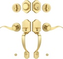 Double Front Door Handle Set with Dummy and Deadbolt, Brushed Gold Entry Front Door Lock Set with Gold Classic Half Grip Curved Door Handle for Exterior Doors or Office, Satin Brass