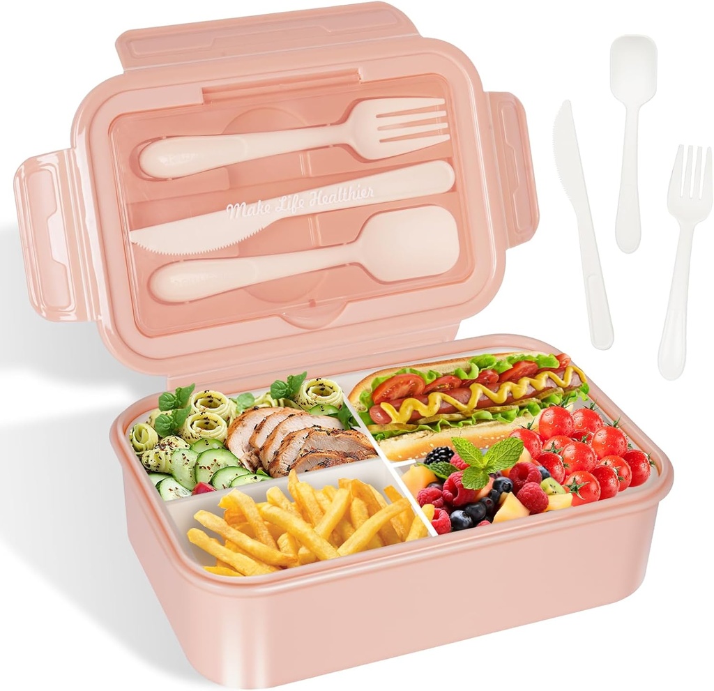 Bento Box Adult Lunch Box,47oz Bento Box For Kids,3 Compartment Adult Lunch Box Leak Proo,With Spoon & Fork - Durable Perfect Size for On-the-Go Meal,Food-Safe Materials Bento Lunch Box (Pink)