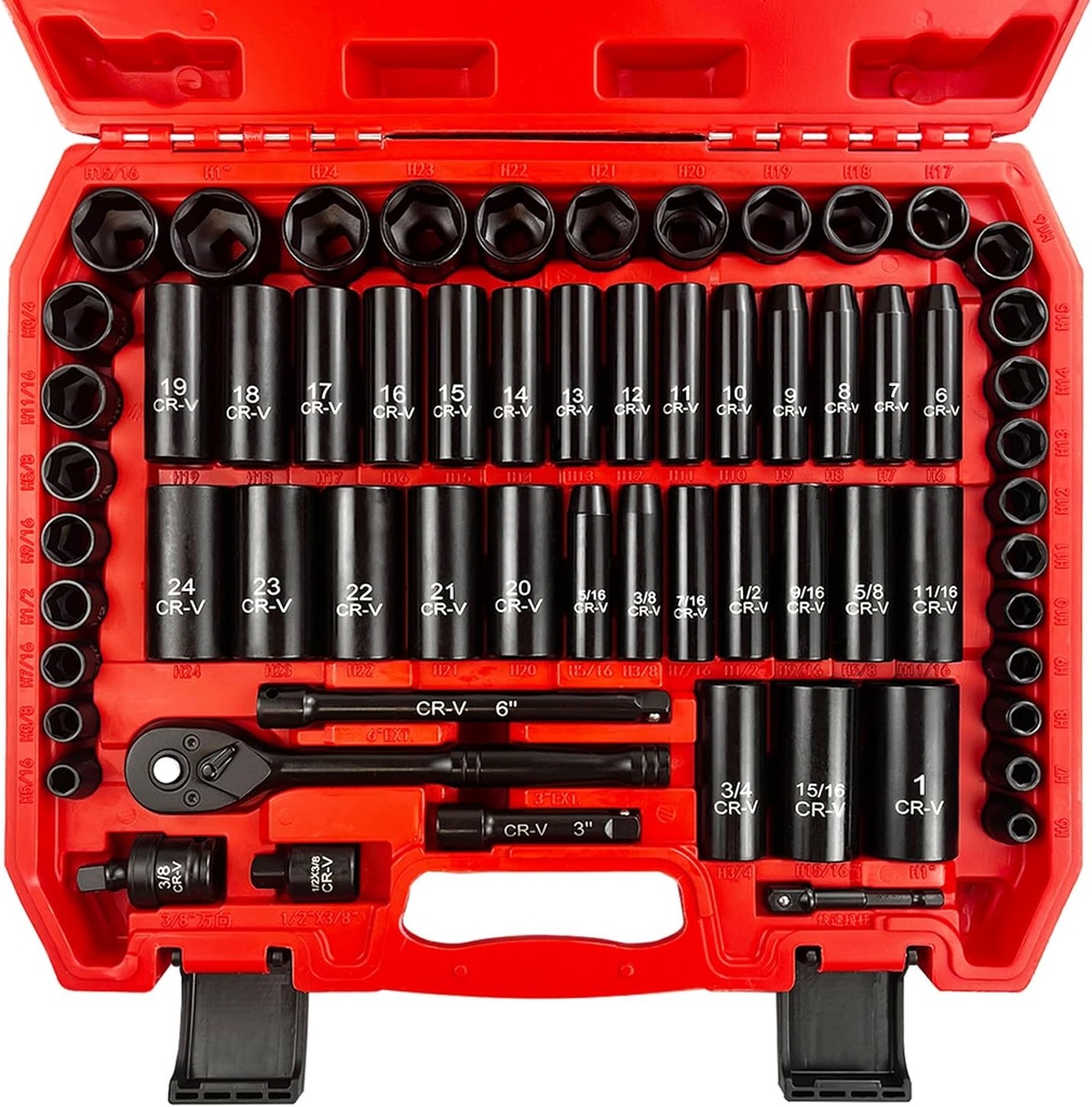 64pcs 3/8" Socket Set,Drive Impact Socket Set, SAE/Metric, Deep & Shallow, Cr-V Steel, 6 Point with Adapters, 72T Ratchet Handle, Extension Bars，Bit Adapter，6-24mm，5/16-1 inch