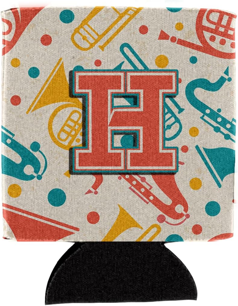 Caroline's Treasures CJ2001-HCC Letter H Retro Teal Orange Musical Instruments Initial Can or Bottle Hugger Cooler Washable Drink Sleeve Collapsible Beverage Insulated Holder, Can Hugger, Multicolor