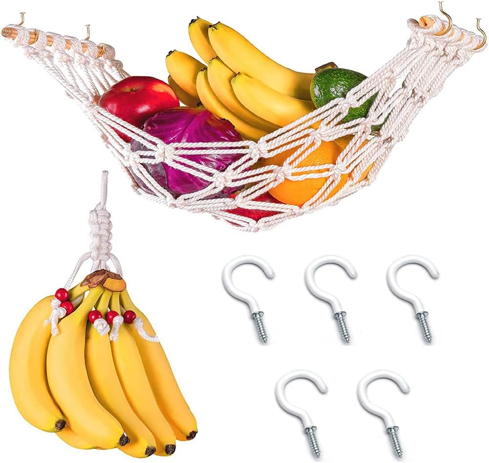 1Set Cotton Material Hanging Fruit Hammock and a Net Rope for Hanging Bananas with 2 Hooks Vegetable Net Bag Can be Installed Under the Cabinet to Save Space