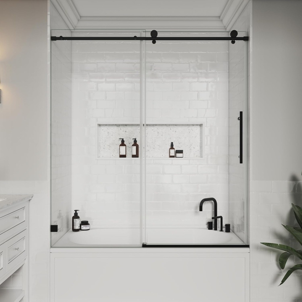 Bathtub Sliding Shower Doors 56-60 W x 66" H Soft Closing System Width Adjustable 5/16"(8mm) Easy Clean Tempered Glass Door Frameless (Matte Black)