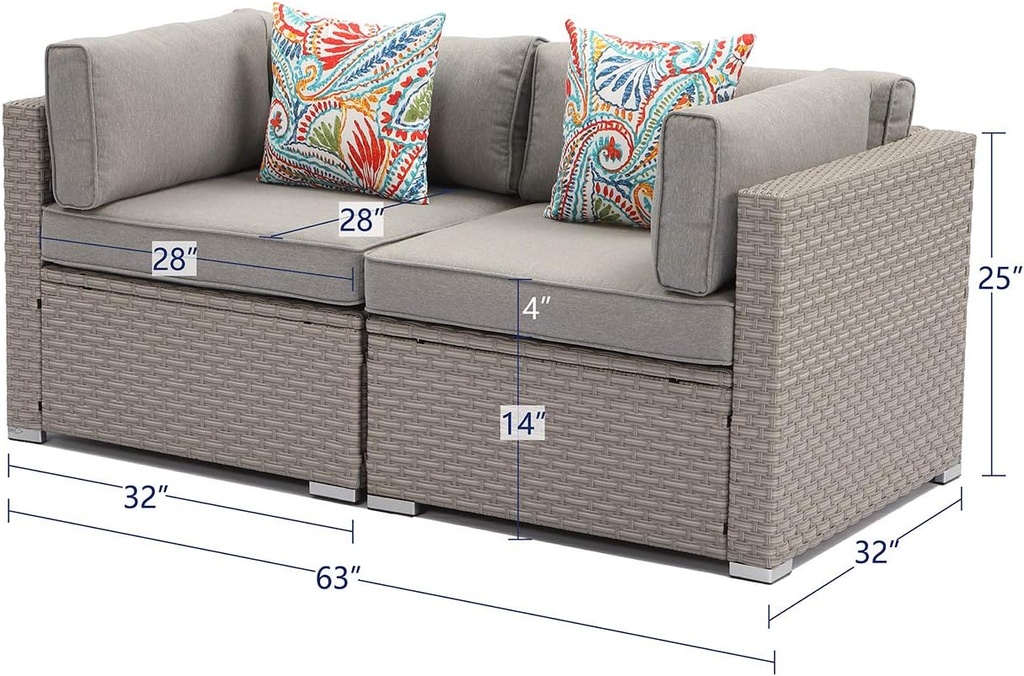 SUNBURY 2 Pieces Patio Sectional Sofa Chair, Add-on Wicker Loveseat in Pearl Gray w Pillow, Elegant Outdoor Furniture Seating for Backyard Garden Porch